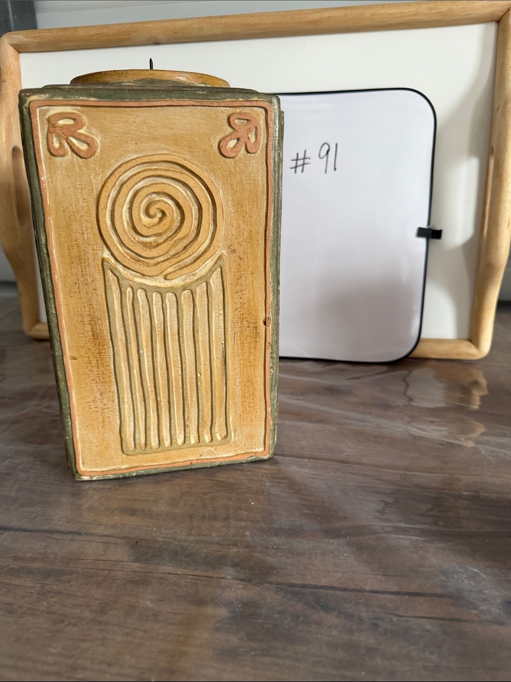 Handcrafted Ceramic Candle Holder in Tan with Olive Green Trim